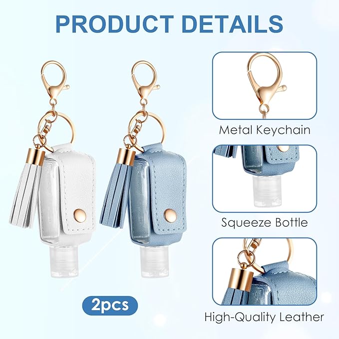 2Pcs Portable Leather Hand Sanitizer Holder, Travel Size Keychain Refillable Bottle for Toiletry Lotion Liquid Soap Shampoo (Blue, White)
