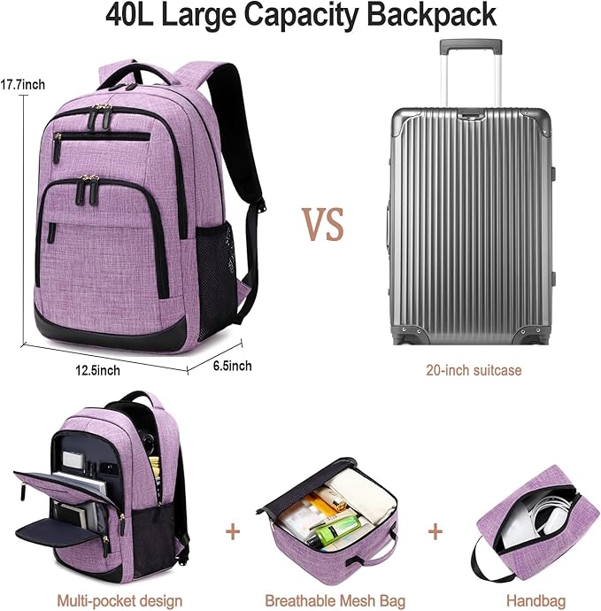 BOVIP Travel Backpack For Men Women,40L Carry On Backpack Flight Approved,TSA Personal Item Travel Bag Fits 17 Inch Laptop,Business Weekender Overnight Daypack Purple