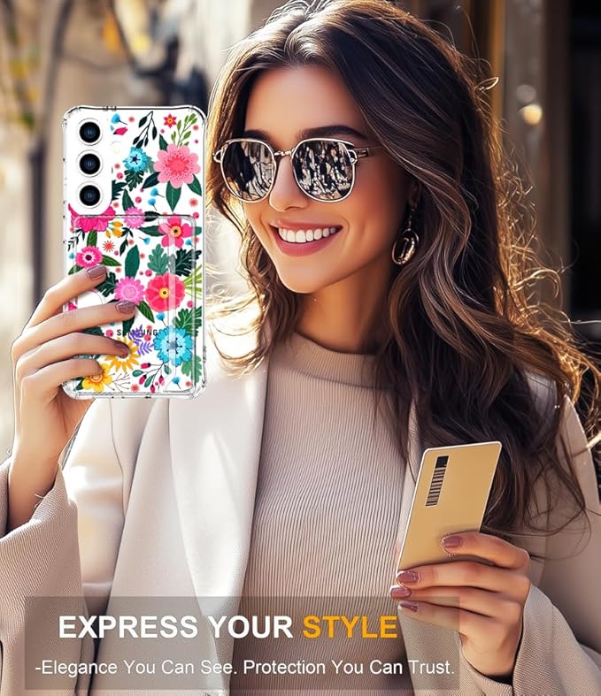 Compatible with Samsung Galaxy S24 / S25 Case Card Holder for Women Cute Design,Wallet Phone Cases Transparent Cool Kawaii Protective (Clear Floral Spring Blossom)