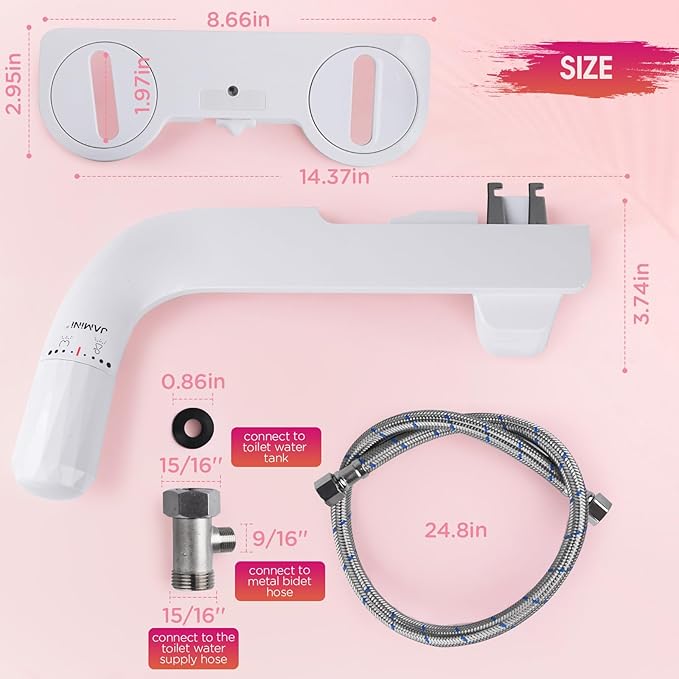 Jamini Ultra-Slim Non-Electric Toilet Bidet Attachment with Dual Nozzles, Rear and Female Front Wash, Single Cold Water with Adjustable Pressure, 0.23" Slim Design, Detachable for Easy Cleaning