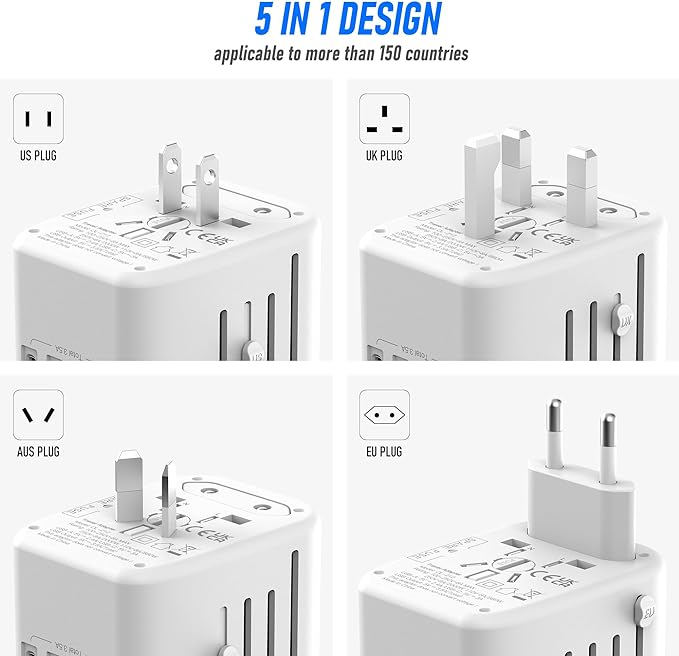 VYLEE Universal International Power Travel Plug Adapter, 5 in 1 European Travel Plug Adapter W/ 3.5A 2xUSB-A and 2xUSB C Wall Charger and Worldwide AC Outlet for Europe USA UK AUS Asia (White Gold)