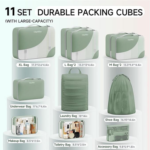 11 Set Packing Cubes for Travel, Gifts for Women Mom Kids, TSA Approved Bags for Makeup, Cosmetic, Toiletry, Suitcase Organizers for Checked Luggage,Cruise Essentials,Airplane Accessories,Matcha Green