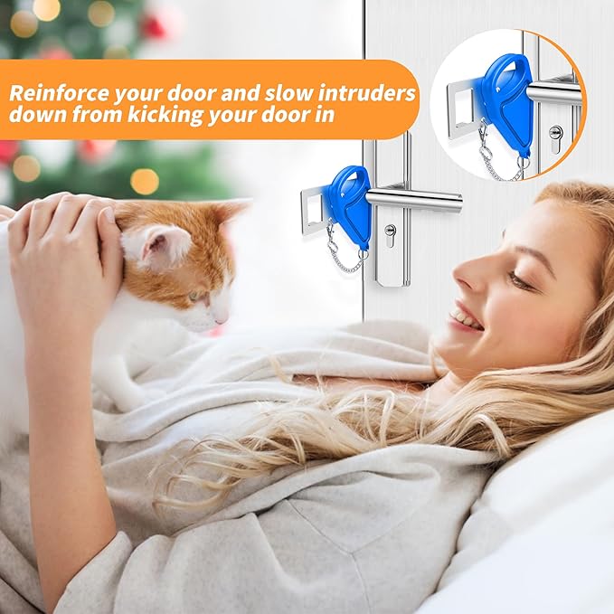 Portable Travel Door Lock Blue of 2 Pieces, Lockdown Securing Doors from Inside, Simple Effective Reliable for Hotel and Apartment Doors, Suitable for Family Trip