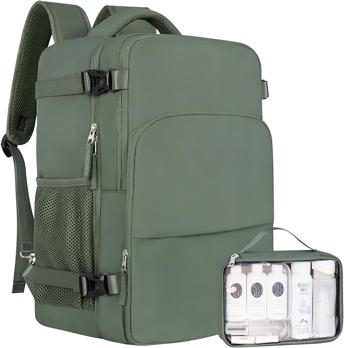 Sinaliy Personal Item Backpack, Carry on Travel Backpack with Multi-Pockets, Waterproof Casual College 16inch Laptop Backpack for Men Women, Army Green