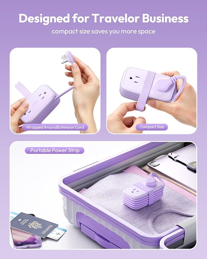 NTONPOWER 20W Purple Travel Power Strip, Travel Essentials 4 Outlets 3 USB(1 USB-C) with 4FT Wrapped Extension Cord Flat Plug, Vacation Essentials for Hotel Travel Camping Cruise Essentials 2026