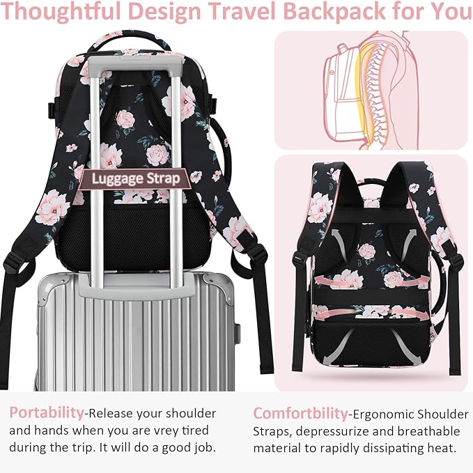 Tenot Carry on Backpack for Women TSA Approved 15.6 Inch Travel Laptop Backpack for Women Travel Essentials Foldable Womens Travel Backpack Suitcase Pink Floral