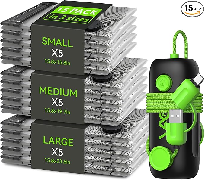 Vacuum Bags for Travel - USB Electric Pump, 15 Pack Carry-on Size Vacuum Seal Bags for Clothing - Space Saver Vacuum Storage Bags for Luggage, Travel Essentials.