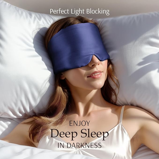 Zenssia 100% Mulberry Silk Sleep Mask Eye Mask for Man and Woman with Adjustable Headband, Full Size Large Sleep Mask & Blindfold for Total Blackout for All Night Sleep, Travel & Nap-Dark Blue