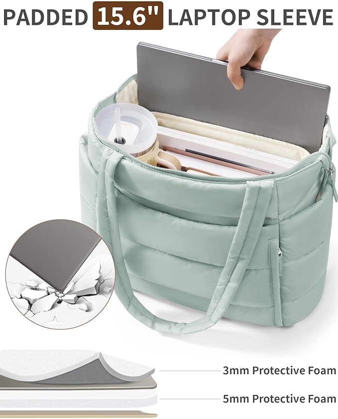 Bagstellar Puffer Tote Bag for Women, Lightweight Puffy Work Handbag Teacher Nurse Quilted Shoulder Bag for School Travel Gym | Cloud Bag w/ Zipper, Daily College Bags, 15.6" Computer Bag, Clinical Nursing Bag, 40 OZ Tumbler Holder, Ideal Gift for Women