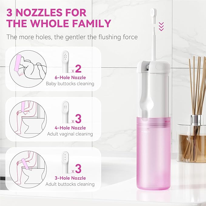 Portable Bidet - 250ml Tank Peri Bottle for Women with 5 Pressure Modes, 8 Replaceable Nozzles and 2000mAh Rechargeable Battery for Travel and Postpartum Use (Purple)