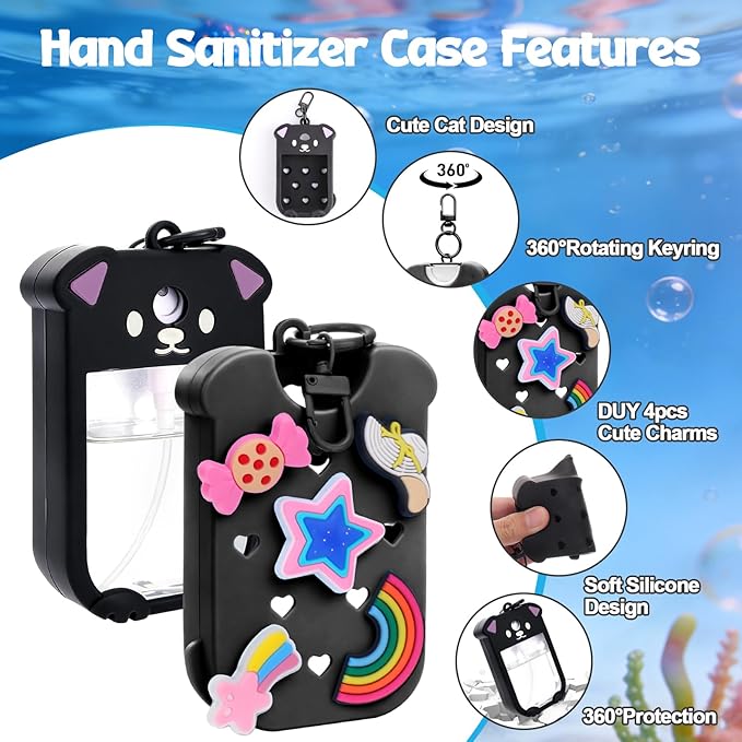 Mity rain Hand Sanitizer Spray Case Compatible With Touchland, Cute Silicone Hand Sanitizer Holder Keychain with 4 Charms, Portable Refillable Sanitizer Accessory, Gift for Women And Teens