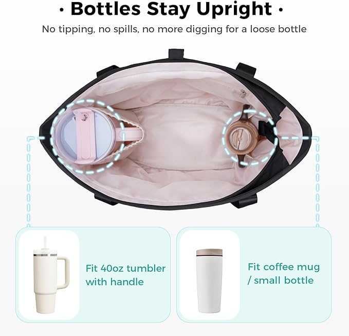 Ceneda Foldable Tote Bag for Women, Lightweight Work Bag with Dual Inner Cup Holders, Daily Handbag for Travel, Gym, Grocery | 40oz Tumbler Holder, Well-organized, Portable, Durable, 21L Large Capacity, Beach/Shopping/Trips, Ideal Gift for Her