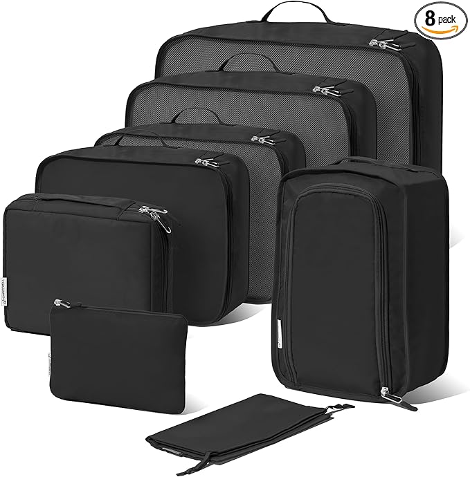 (Not Made In China) Packing Cubes For Travel, Luggage and Suitcase Organizer Bags, Carry On and Backpack Space Savers, Lightweight Waterproof Nylon, 8pc Set, Black