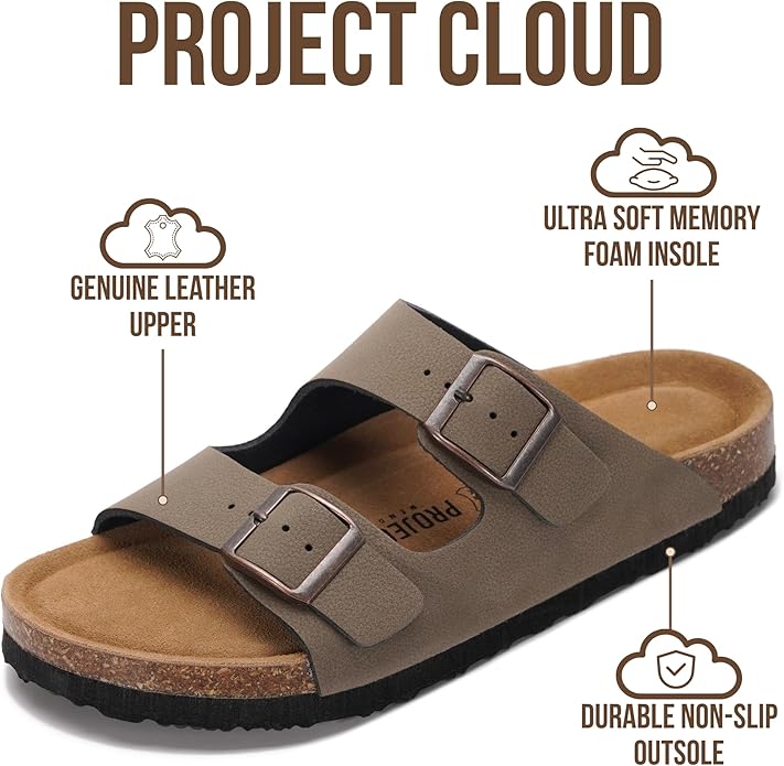 Project Cloud 100% Genuine Leather Flat Sandals For Women 2026 Cork Footbed Womens Sandals with Memory Foam and arch support Vacation Essentials Slides for Women Footwear (Venita)
