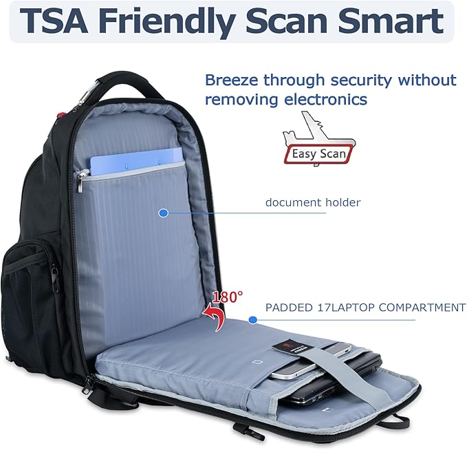 VANKEAN 17.3'' Travel Laptop Backpack TSA Friendly, Water Resistant Anti Theft Extra Large College Backpacks with RFID Pockets, USB Port for Men Women Business Work Bag, Black