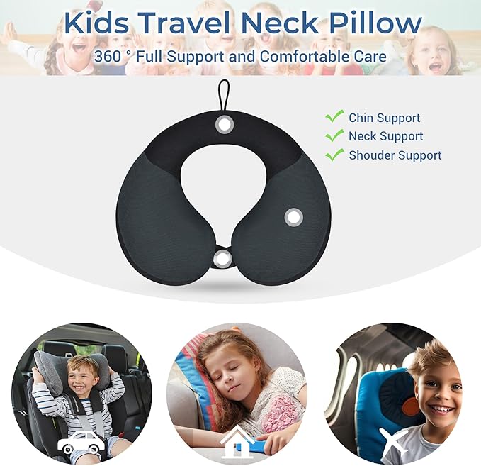 COOLBEBE Kids Travel Neck Pillow for Airplane & Car, Soft Breathable Fabric, Ergonomic Side Support for 3-12 Year Olds, Adjustable Snap Button, Travel Essential for Boys & Girls, Black & Grey