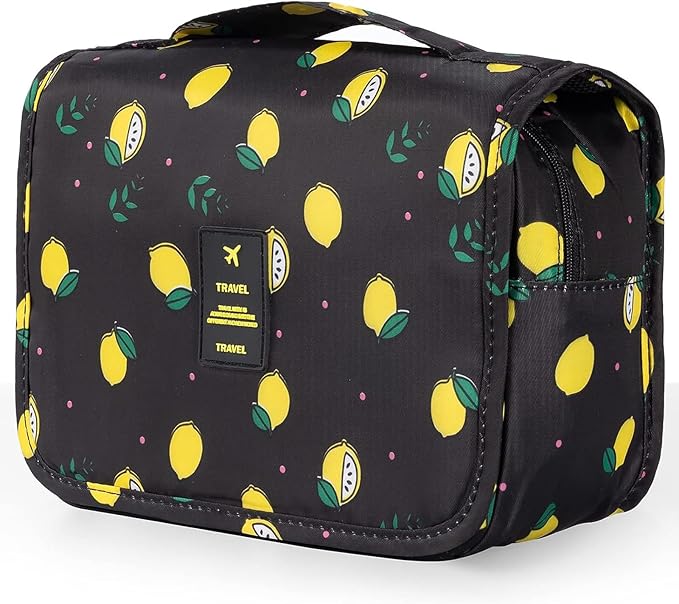 Travel Toiletry Bag for Women, Hanging Toiletry Bag with Multi-Pockets, Toiletry Bag for Traveling Easy Clean, Travel Organizer Bag Black-Lemon