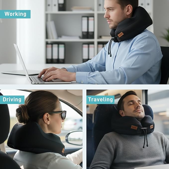 Neck Pillow with Hood, Travel Pillow for Sleeping, Memory Foam Airplane Pillow for Long Flight, Portable Travel Neck Pillow for Flight, Drive, Work, Rest, with Storage Bag