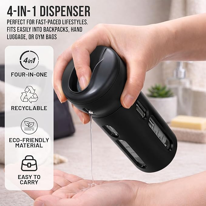 Travigo 4-in-1 Travel Dispenser Bottle Set, TSA Approved, Leak Proof, Reusable 1.4 oz. (40 mL) Toiletry Containers for Shampoo, Conditioner, Soap, Lotion, Skincare (2 Pack, Black & Gray)