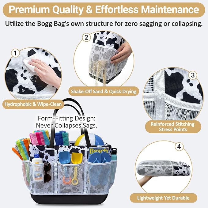 Nyton Custom Fit Organizer Bag Insert for Bogg Bag Inner Liner Pouch for Original Large XL Rubber Tote Zippered Organizer with Pockets for Beach Travel Sports Mom (BLACK WHITE COW, LARGE)