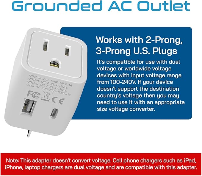 Ceptics Australia, New Zealand, China Travel Adapter Plug - Dual USB Input - Ultra Compact - USA to Type I - Perfect for Cell Phones, Chargers, Cameras, Tablets, and more (CTU-16)