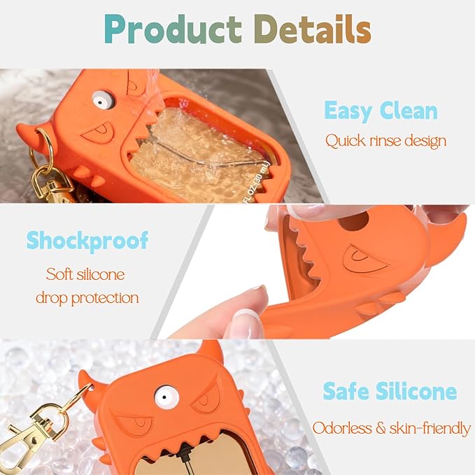 Hand Sanitizer Case Compatible with Touchland, Cute Monster Silicone Holder Keychain 1 Fl Oz, 2 Pcs Orange & Sky Blue