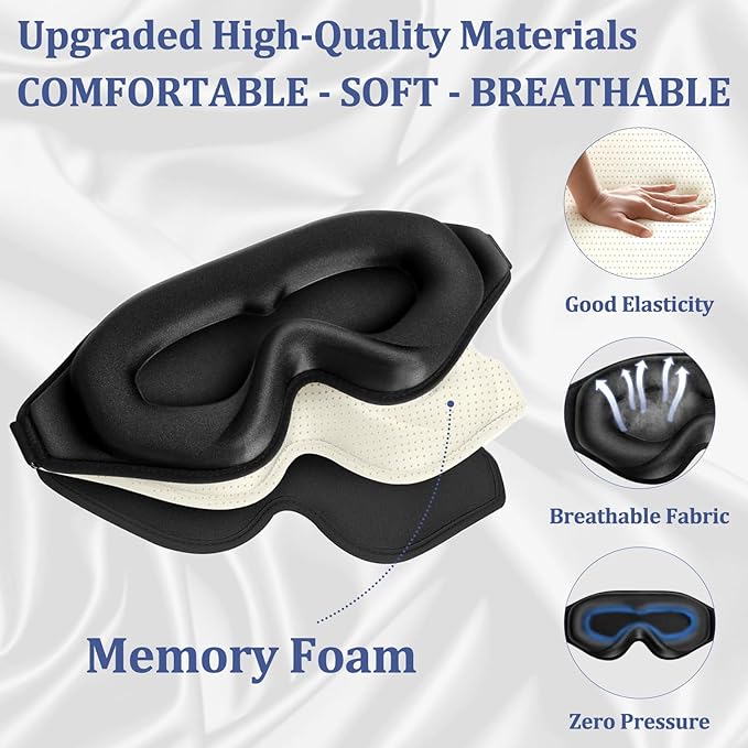 3D Deep Contoured Zero Pressure Sleep Eye Mask for Men & Women, Blackout Blindfold with Adjustable Strap for Travel, Home, Nap (Black)