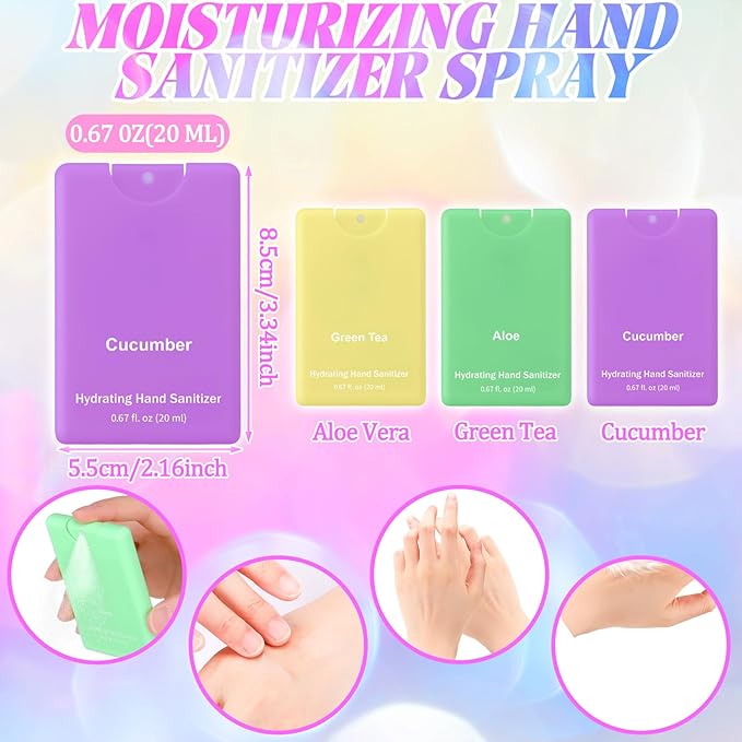 Set of 3 Power Mist Hydrating Hand Sanitizer Spray Bulk Travel Size Refreshing Hand Sanitizer 0.67 Fl. oz Compact Card Spray Bottle Aloe Green Tea Cucumber Scent for Adult Backpack Purse Pocket