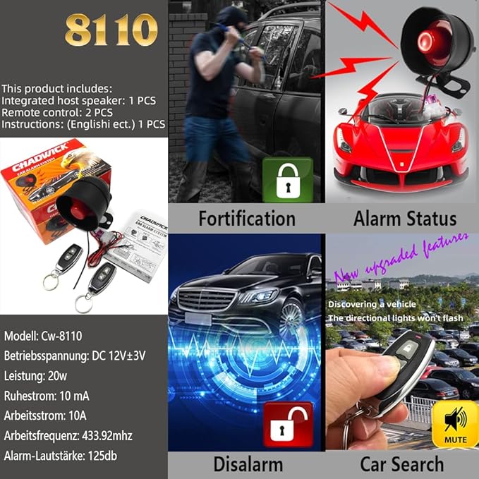 Alarm System for Theft Prevention With Sound, Anti-Theft Security Device With 2 Remote Starts, Universal 12V Loud Horn 120dB 6 Tone 7-Level Sensitivity Car Alarm Siren