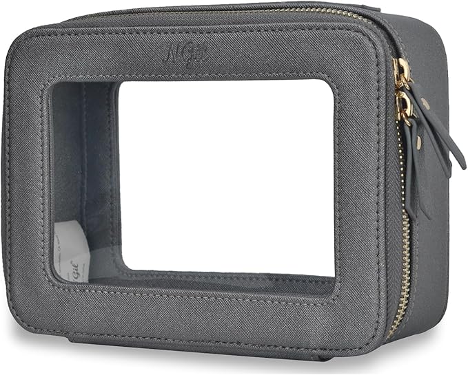 NGIL Clear Faux Leather Travel Toiletry Bag, Makeup Bag Organizer for Women, Clear Window & Gold Zipper Makeup Bag, Road Trip Essential, Skincare, Cruise Ship Essentials (Dark Silver)