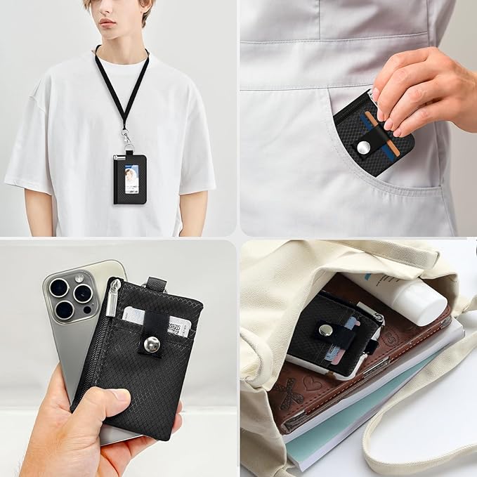 Minimalist RFID Blocking Small Wallet with ID Window,WaterResistant Zip Id Case Wallet with Lanyard Keychain for Cards,Cash,Travel,Women,Men (Black)