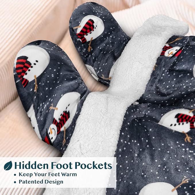 PAVILIA Sherpa Blanket with Sleeves, Foot Pocket for Women Men Adults, Thick Wearable Blanket Throw Wrap, Fleece Warm Snuggle Blanket Robe, Cozy Gift Ideas Wife Mom, Snowman Gray