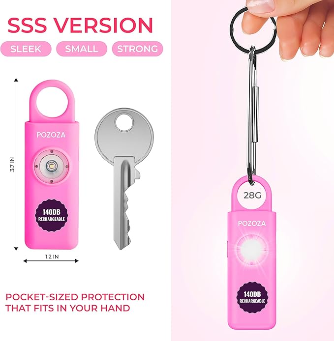 140dB Loudest USB-C Rechargeable Personal Alarm Keychain for Women – Low Battery Indicator, Strobe Light & Panic Button for Self Defense Weapons, Seniors & Travel Safety Essentials (Pink)
