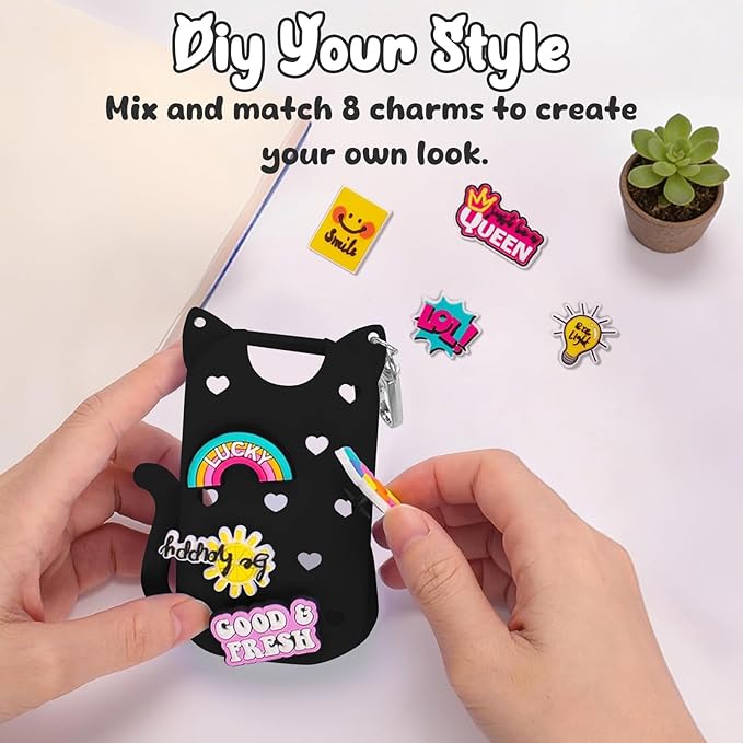 Cat Silicone Case for Touchland Hand Sanitizer Spray with Keychain&Charms,Compatible with Power Mist & Glow Mist 1 FL Oz/30ML for Touchland Case,Cute Travel Cover Sleeve Accessory (Black Cat)
