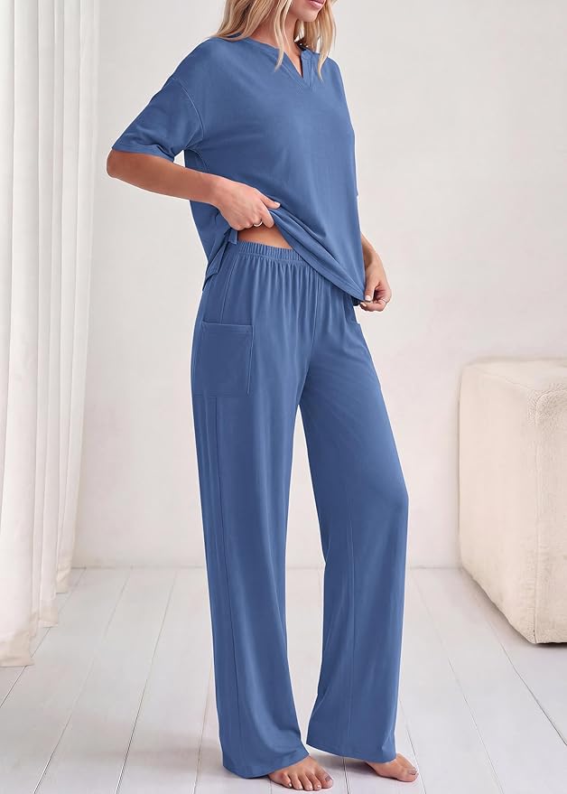 KIRUNDO Womens 2 Piece Matching Lounge Set Airport Travel Vacation Summer Outfits Oversized Short Sleeve Tops Wide Leg Pants