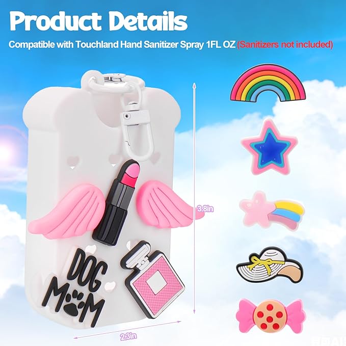 Mity rain Hand Sanitizer Spray Case Compatible With Touchland, Cute Silicone Hand Sanitizer Holder Keychain with 4 Charms, Portable Refillable Sanitizer Accessory, Gift for Women And Teens