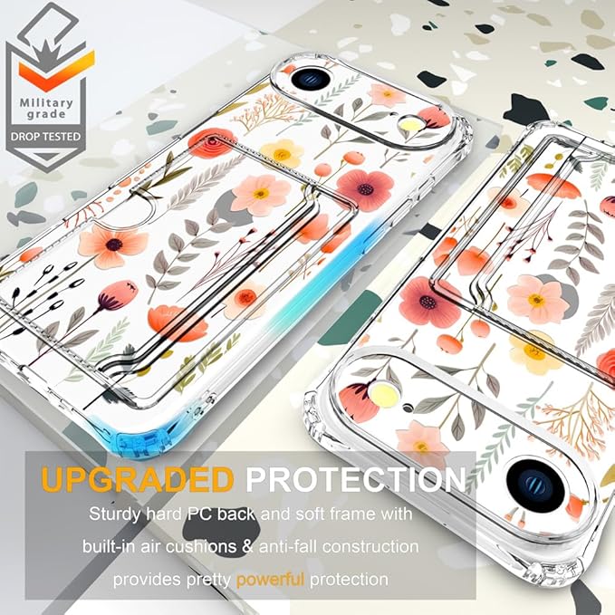 Compatible with iPhone 17 Air Case Card Holder for Women Cute Design,Wallet Phone Cases Transparent Cool Kawaii Protective (Clear Flowers Leaves)