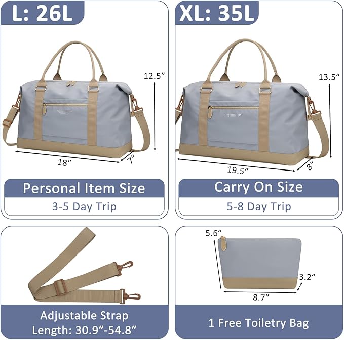 ELONGRIVER Travel Duffle Bag for Women, Weekender Bags,Hospital Bag for Labor Delivery,Lightweight Tote Duffel Overnight Bag with Luggage Sleeve,Airplane Travel Bags with Toiletry Bag,Large,Light Blue