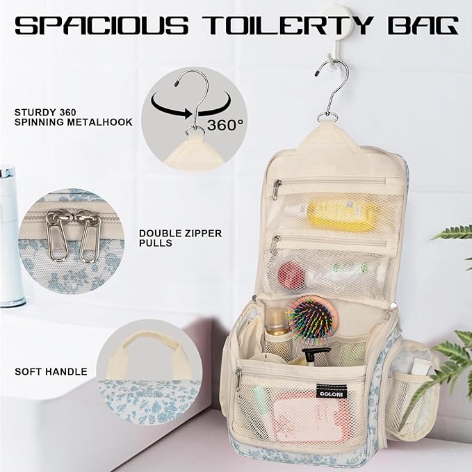 Goloni Hanging Toiletry Bag, 10 Compartments Water-Resistant Makeup Bag with 360° Spinning Metal Hook, Large Travel Cosmetic Organizer for Men & Women, Flower (7.05oz)