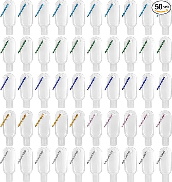 50 PCS Travel Size Bottles with Hand Sanitizer Keychain, 1 OZ (30ML) Refillable Squeeze Containers for Backpack, Portable Plastic Small Empty Leakproof Bottles