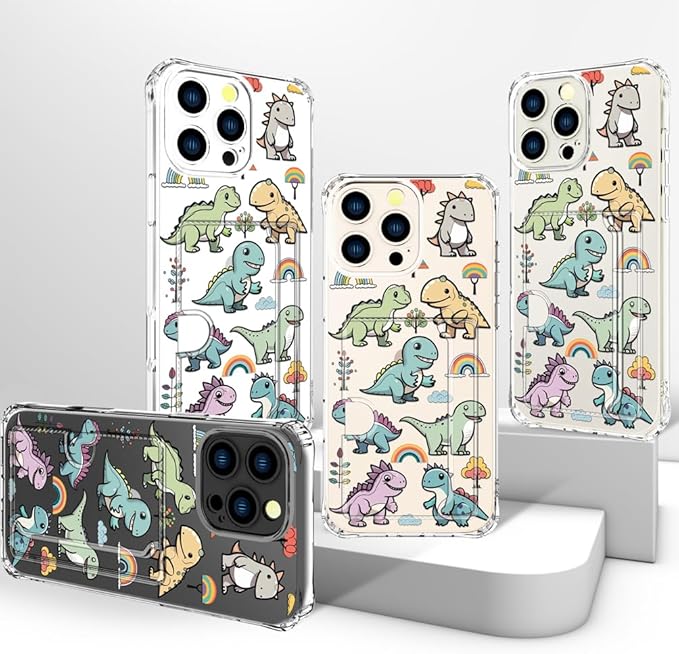 Compatible with iPhone 16 Pro Max Case Card Holder for Women Cute Design,Wallet Phone Cases Transparent Cool Kawaii Protective (Clear Lovely Dinosaurs)