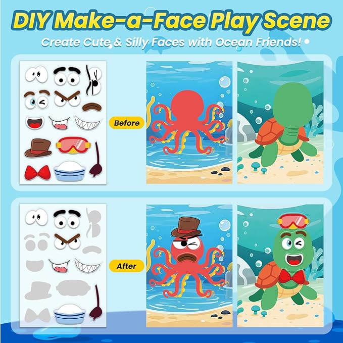 Ocean Reusable Sticker Book for Toddlers, DIY Make-a-face Animals Jelly Fun 3D Stickers, Washable Puffy Stickers for Kids Toys, Airplane Road Trip Travel Activities Essentials for Kids 3 4 5 Years