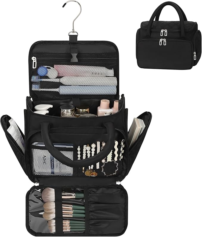 Hanging Toiletry Bag for Women - Travel Makeup Organizer with Brush Compartment, Portable Cosmetic Case with Removable Dividers for Full-Size Container, Lightweight Travel Bag for Trip - Black