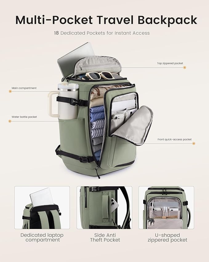 LOVEVOOK Travel Backpack for Women & Men, 25L Airline Approved Personal Item Carry On Backpack, Lightweight with 2 Packing Cubes, Waterproof Daypack for Work, Gym & Weekend Travel, Slate Green-Black