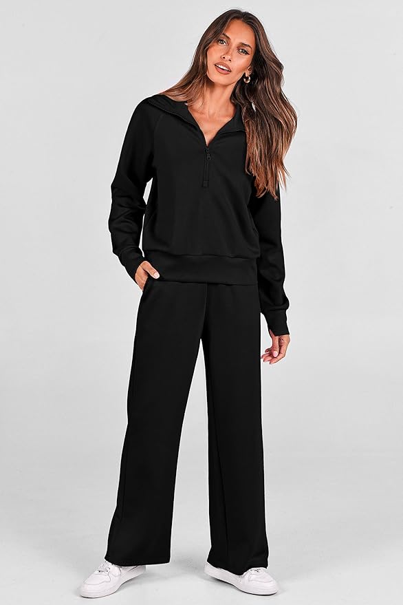 PRETTYGARDEN Women's 2 Piece Outfits Casual Lapel Half Zip Sweatshirts and Wide Leg Pants Tracksuit Sets