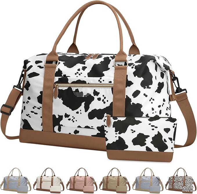 ELONGRIVER Travel Duffle Bag for Women, Weekender Bags, Hospital Bag for Labor Delivery, Lightweight Tote Duffel Overnight Bag with Luggage Sleeve, Airplane Travel Bags with Toiletry Bag, Large, Cow
