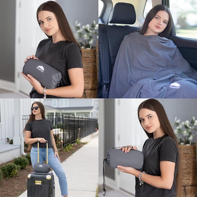 BlueHills 2 Pack Ultra Compact Travel Blanket Pillows Set of Two Lightweight Airplane Traveling Essentials Flight Throws Compact Large Plane – Gray and Peacock Teal
