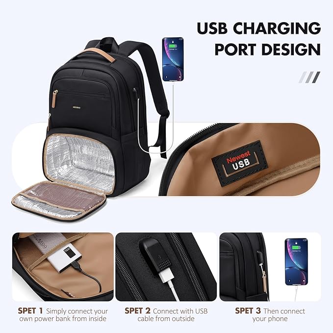 MDODO Lunch Backpack for Women Men,15.6Inch Insulated Lunch Box Backpack with USB Charging Port, Diaper Laptop Back pack for Travel Picnic Work Teacher Nurse,Black