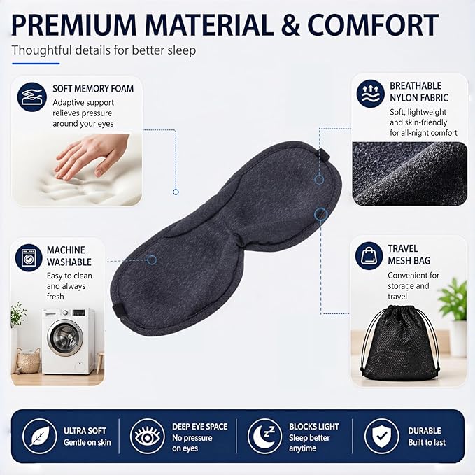 Ultra-Thin 3D Sleep Mask for Side & Back Sleepers, 100% Light Blocking Eye Mask for Sleep, Zero Pressure, Soft & Breathable Night Blindfold for Men & Women, Travel & Plane (Black)