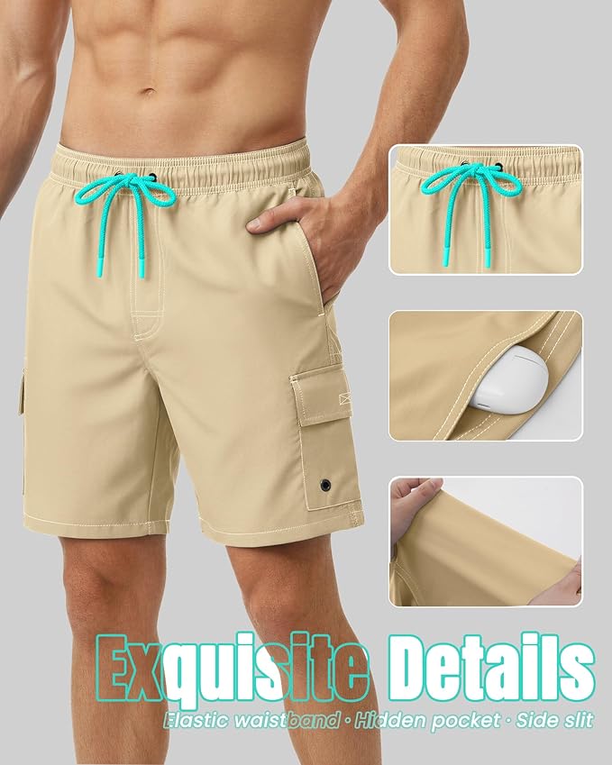 Men Swim Trunks with Compression Liner Quick Dry Breathable Multi Pockets for Summer Beach Cruise Water Park